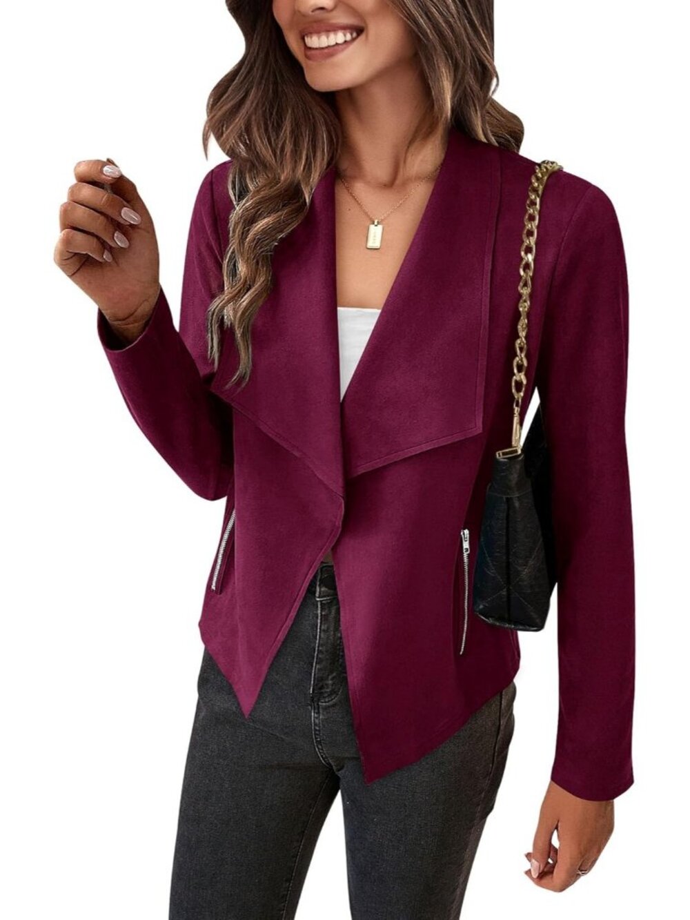 Women's Maroon Faux Suede Open Front Waterfall Collar Long Sleeve Draped Jacket